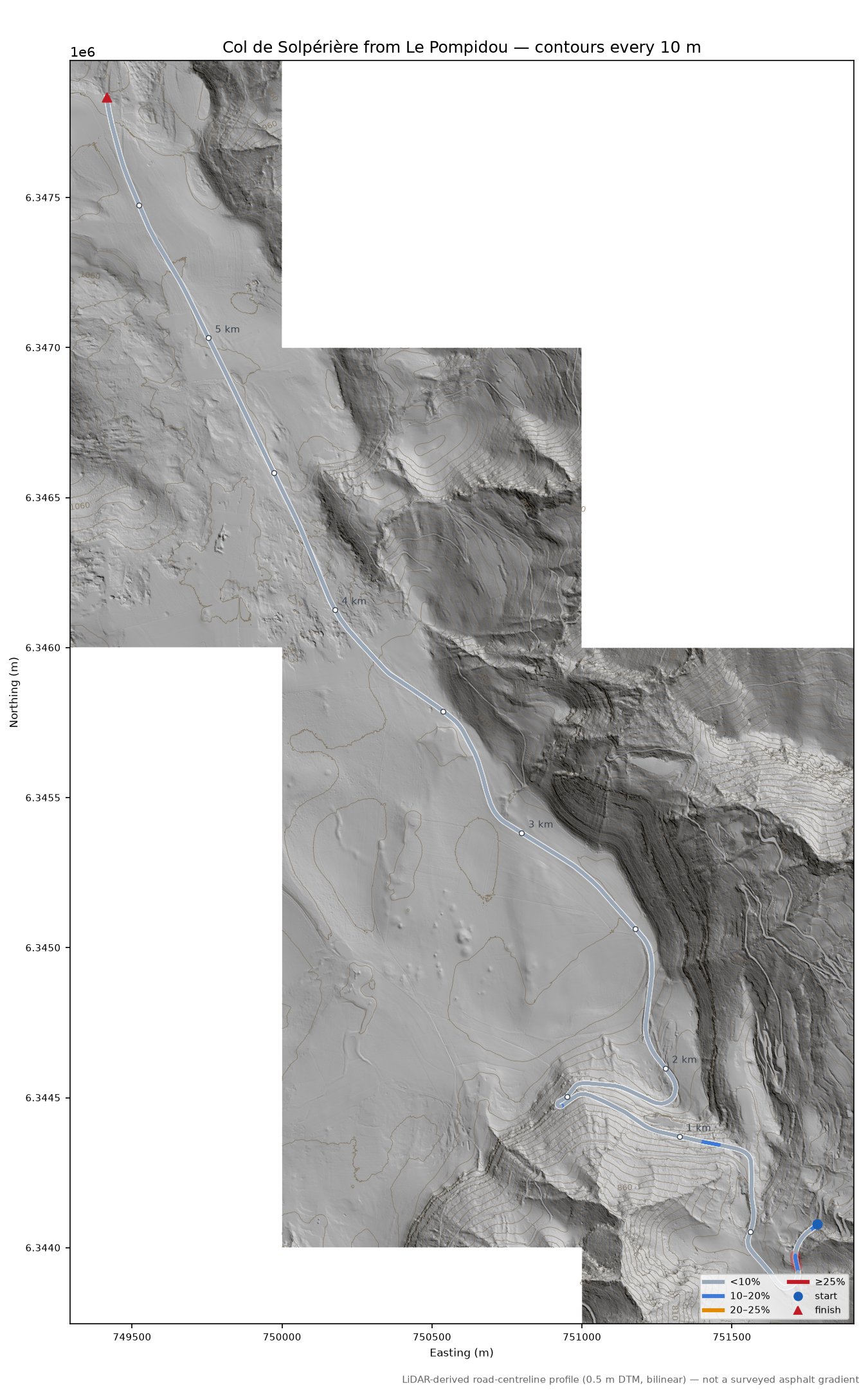 Col de Solpérière from Le Pompidou LiDAR hillshade map with contours