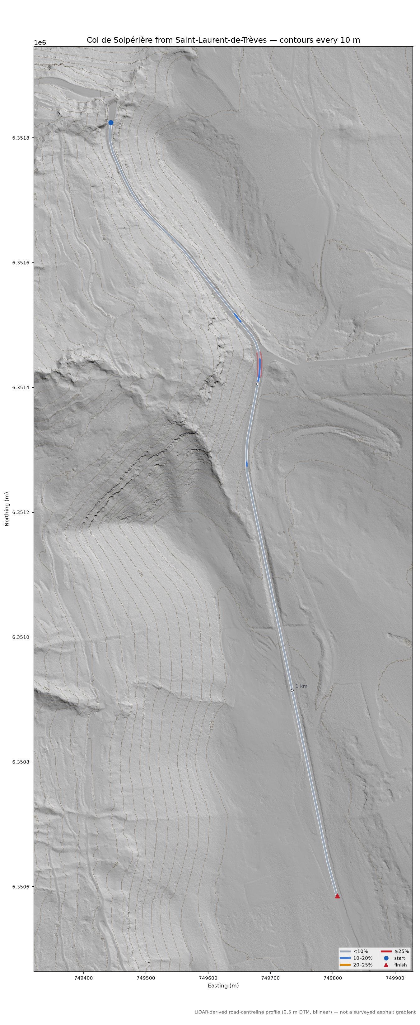 Col de Solpérière from Saint-Laurent-de-Trèves LiDAR hillshade map with contours