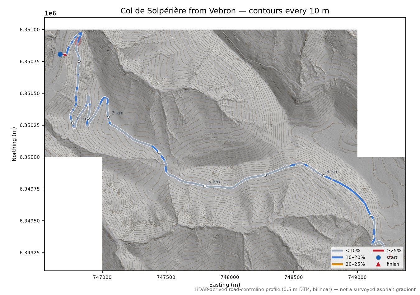 Col de Solpérière from Vebron LiDAR hillshade map with contours
