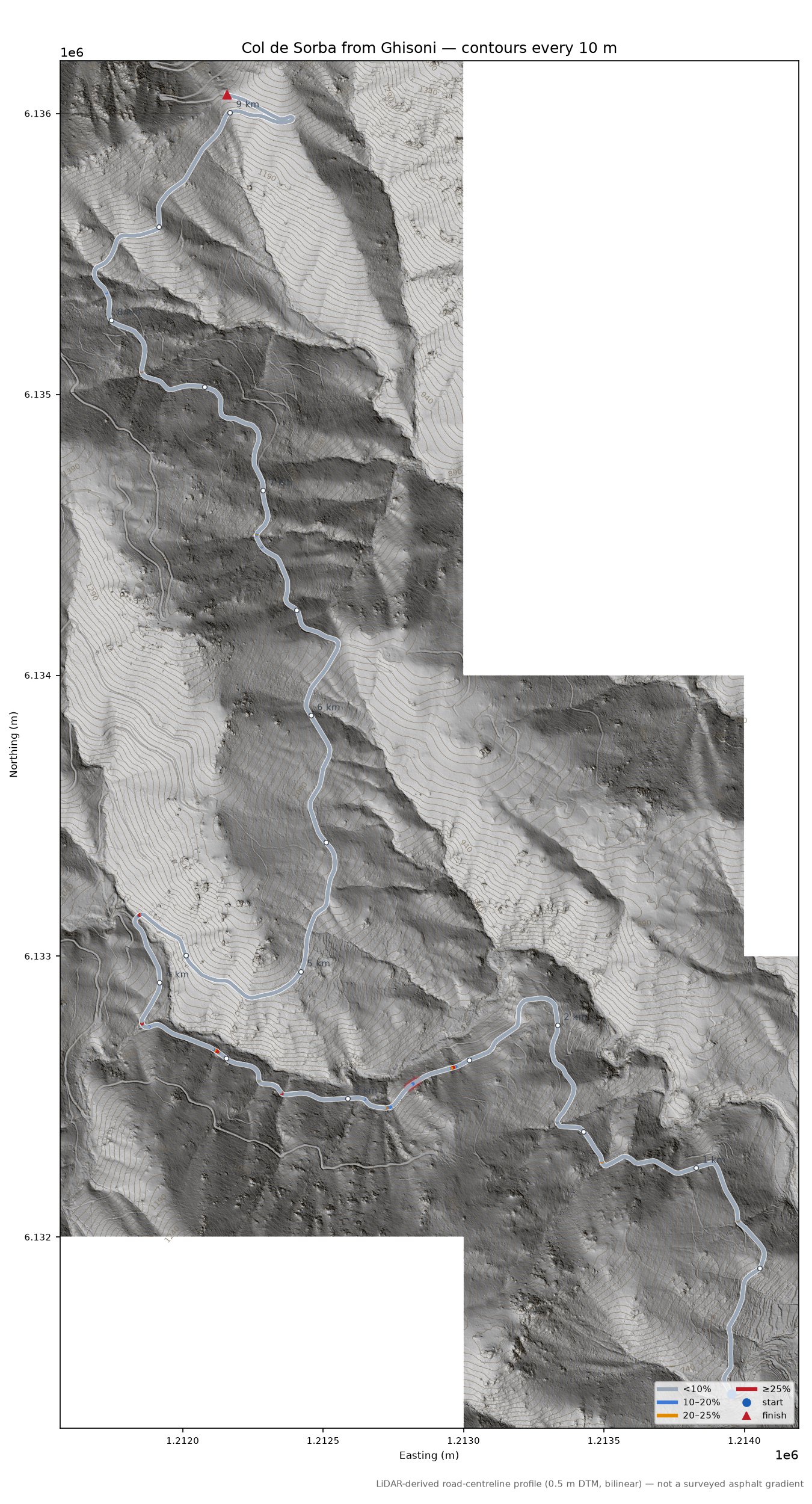 Col de Sorba from Ghisoni LiDAR hillshade map with contours