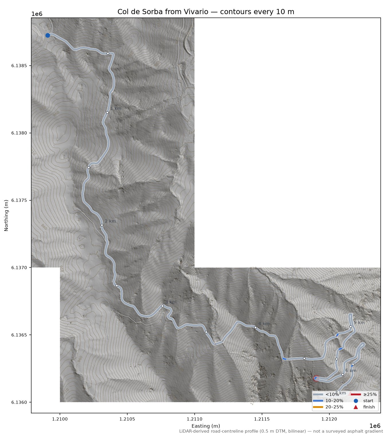 Col de Sorba from Vivario LiDAR hillshade map with contours