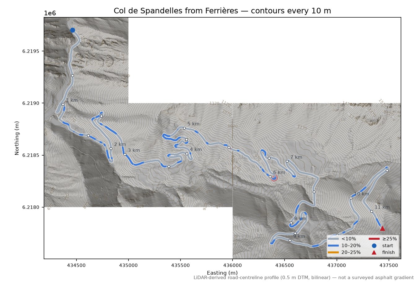 Col de Spandelles from Ferrières LiDAR hillshade map with contours