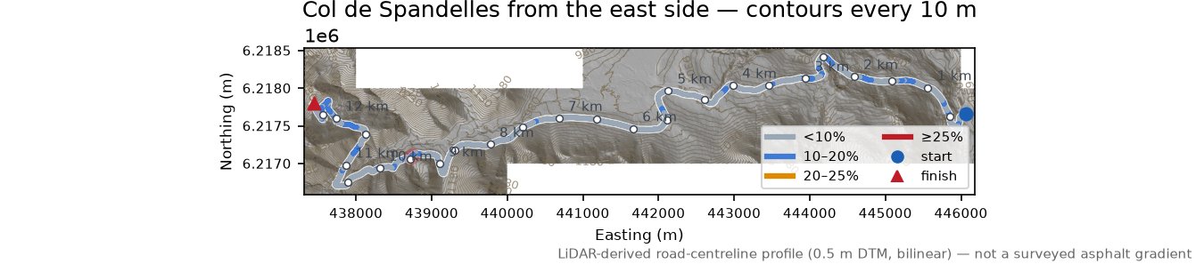 Col de Spandelles from the east side LiDAR hillshade map with contours