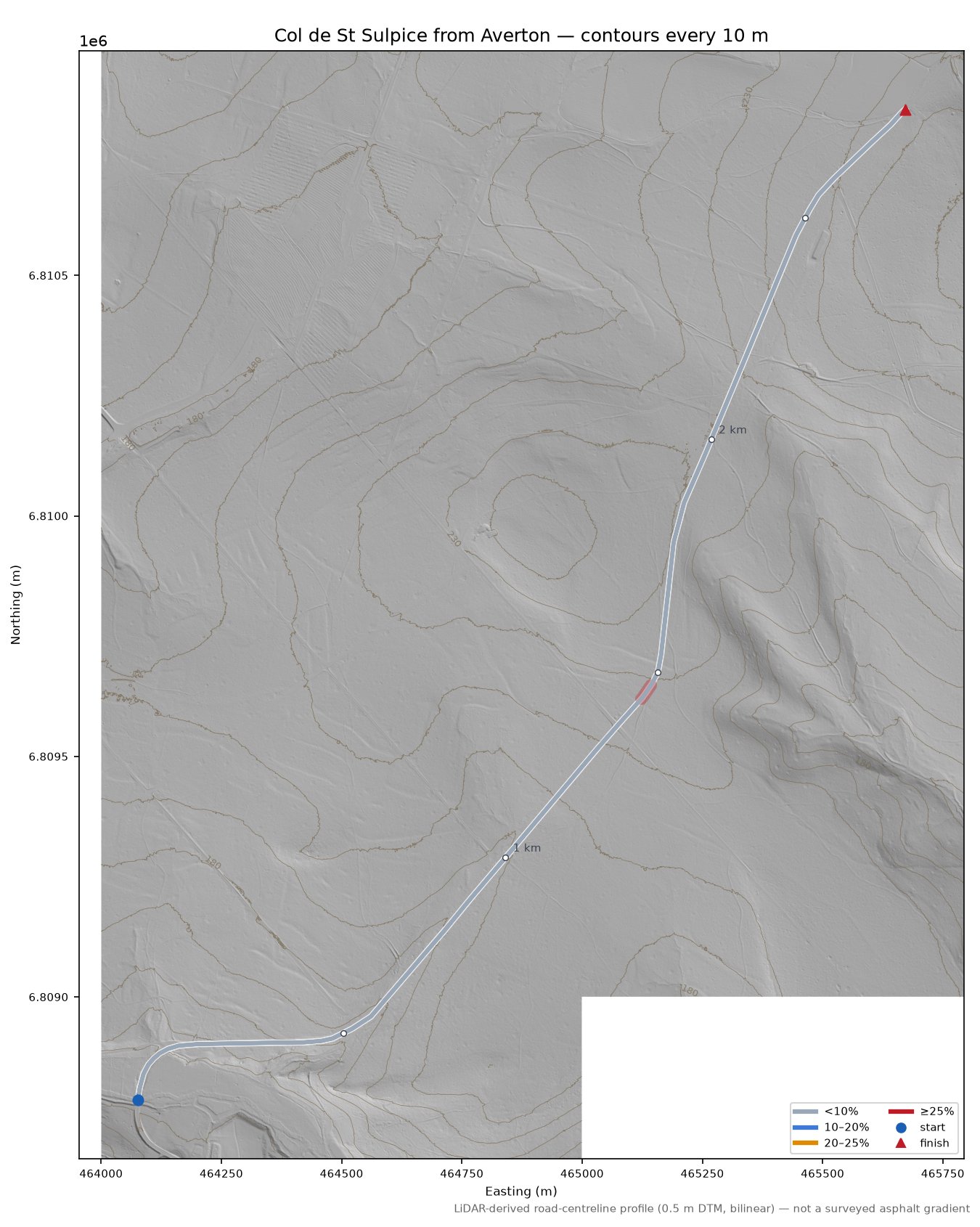Col de St Sulpice from Averton LiDAR hillshade map with contours