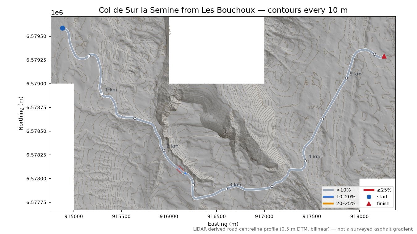 Col de Sur la Semine from Les Bouchoux LiDAR hillshade map with contours