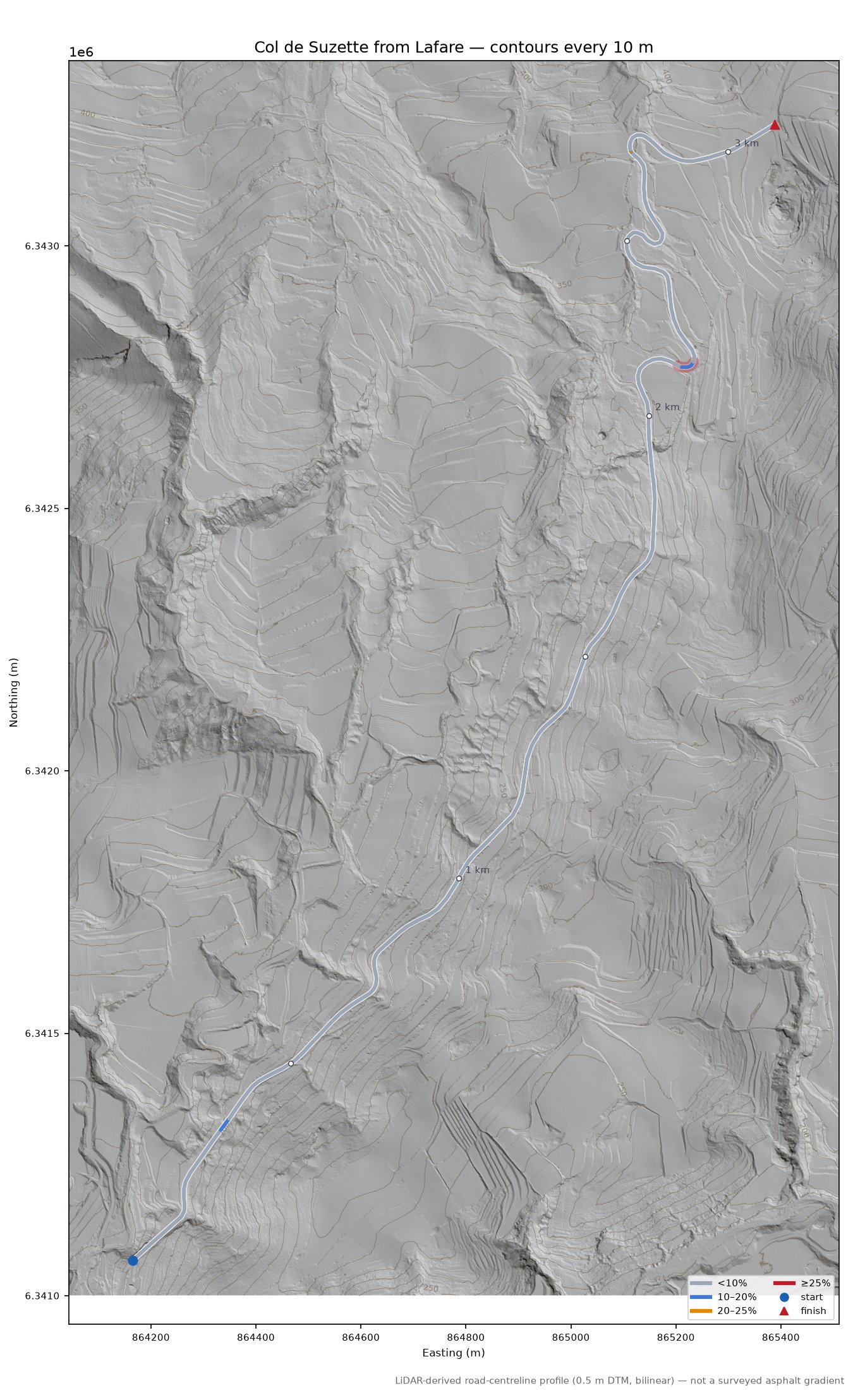Col de Suzette from Lafare LiDAR hillshade map with contours
