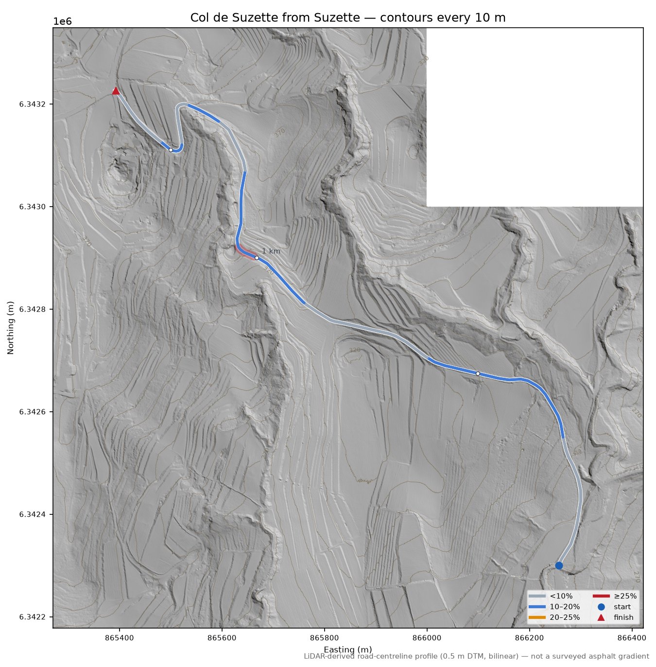 Col de Suzette from Suzette LiDAR hillshade map with contours