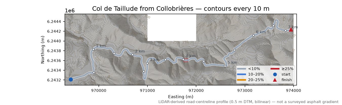Col de Taillude from Collobrières LiDAR hillshade map with contours