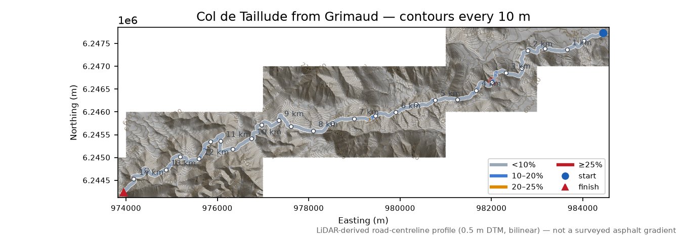 Col de Taillude from Grimaud LiDAR hillshade map with contours