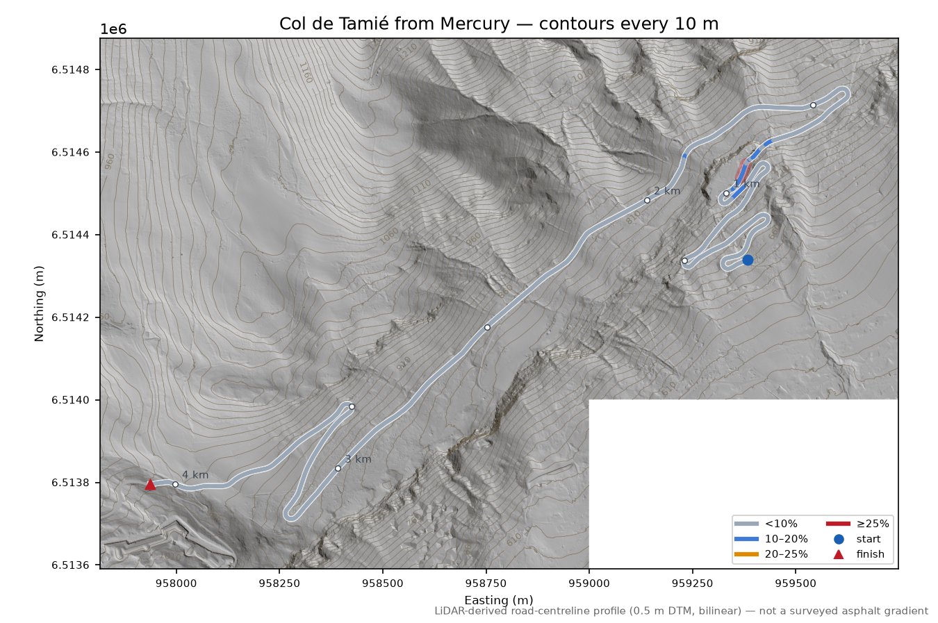 Col de Tamié from Mercury LiDAR hillshade map with contours