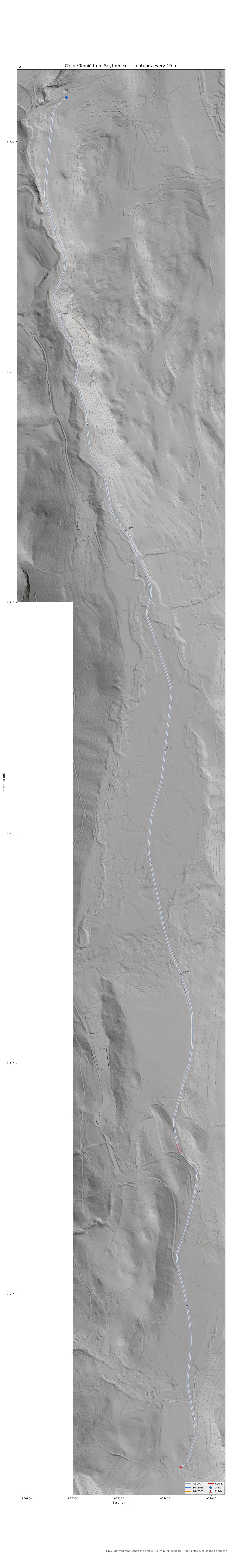 Col de Tamié from Seythenex LiDAR hillshade map with contours