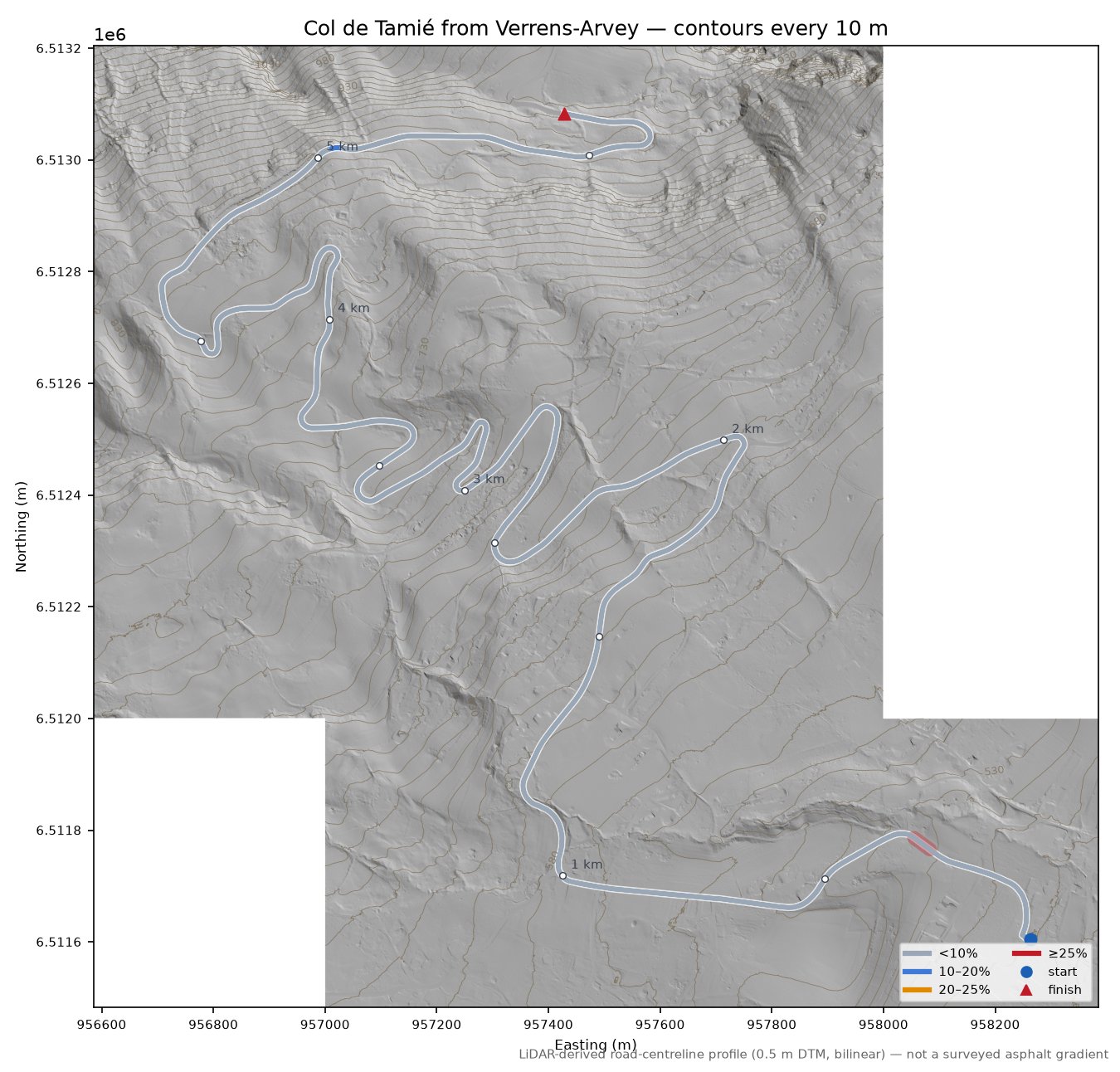 Col de Tamié from Verrens-Arvey LiDAR hillshade map with contours