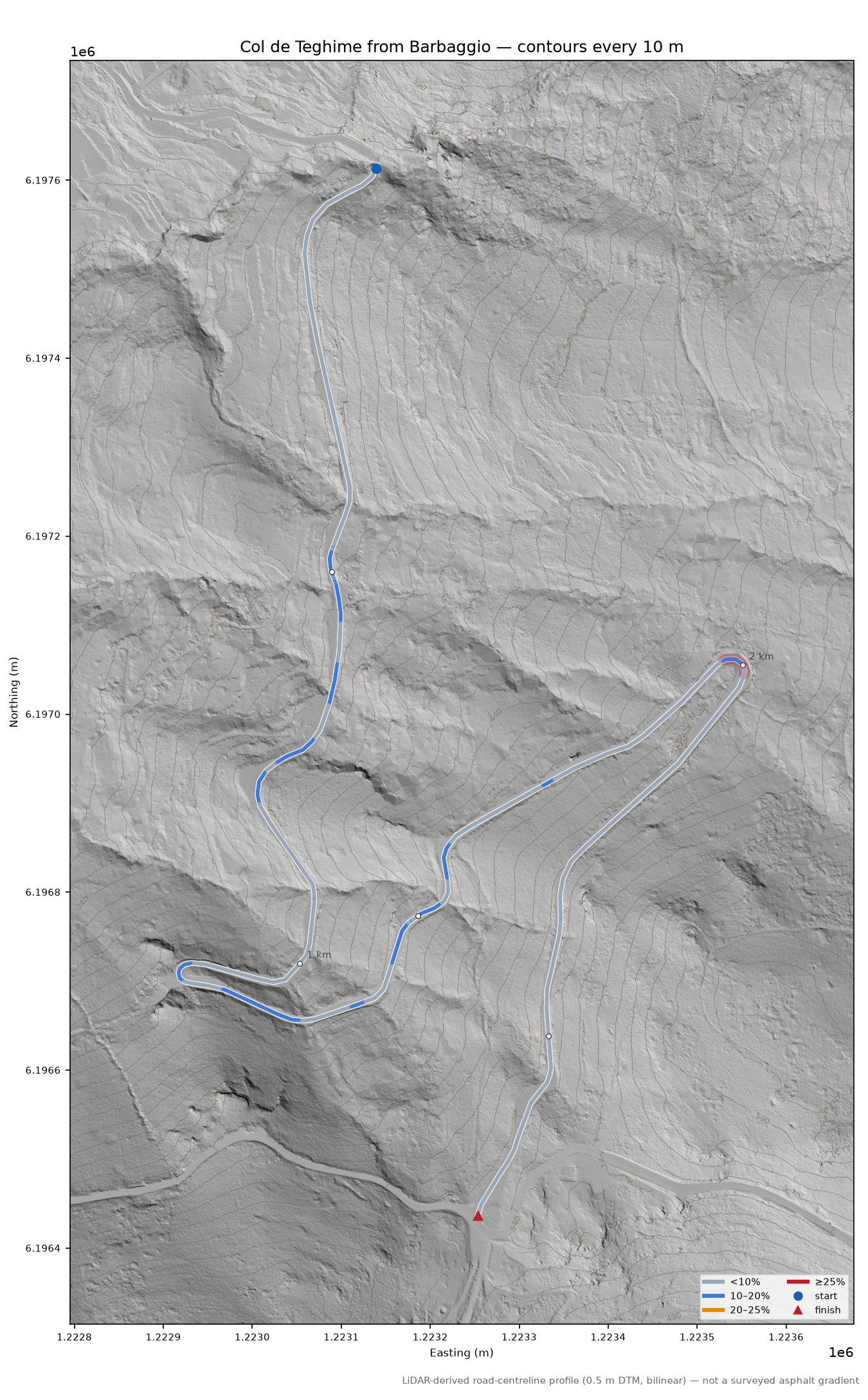 Col de Teghime from Barbaggio LiDAR hillshade map with contours