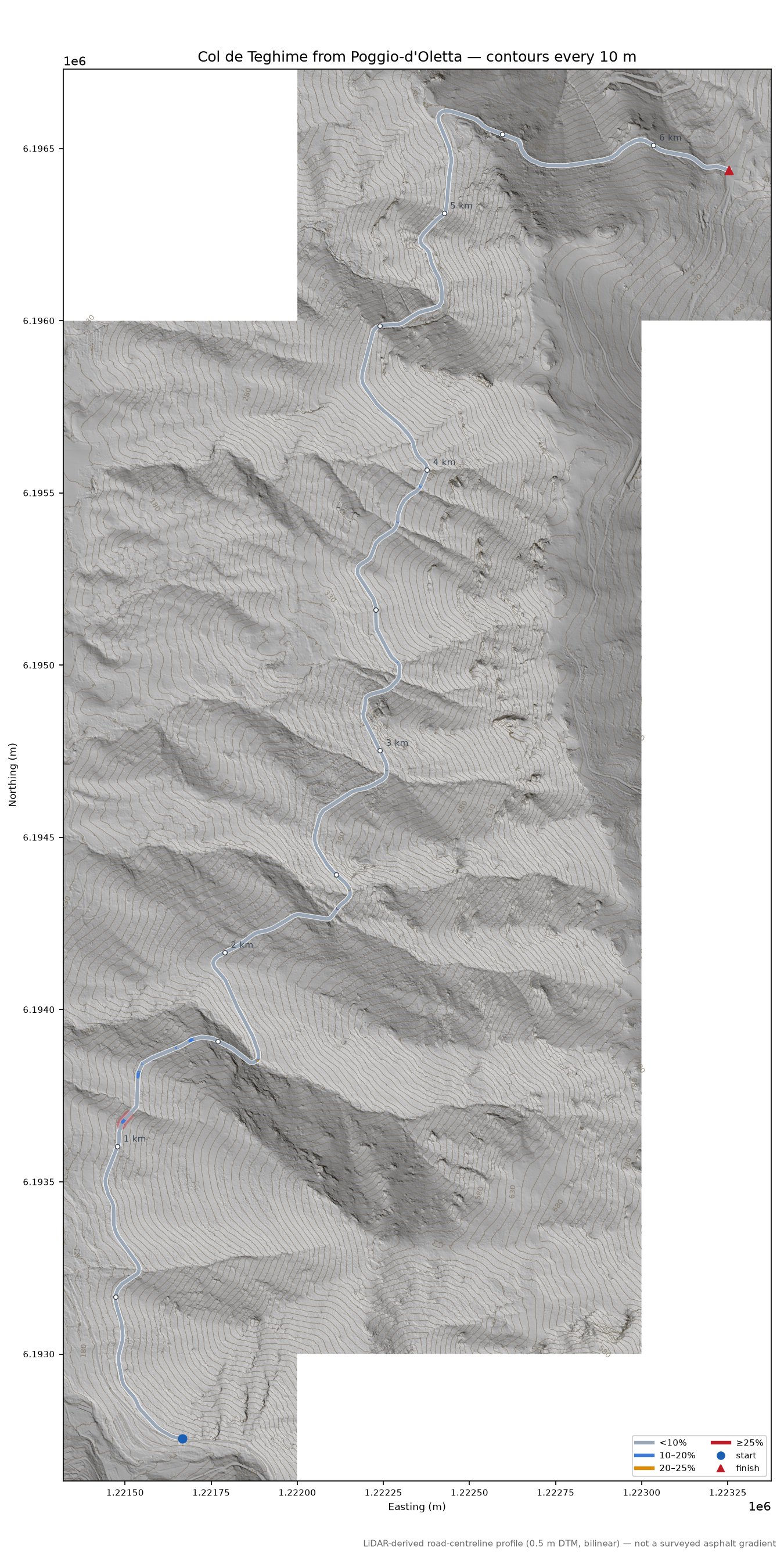 Col de Teghime from Poggio-d'Oletta LiDAR hillshade map with contours