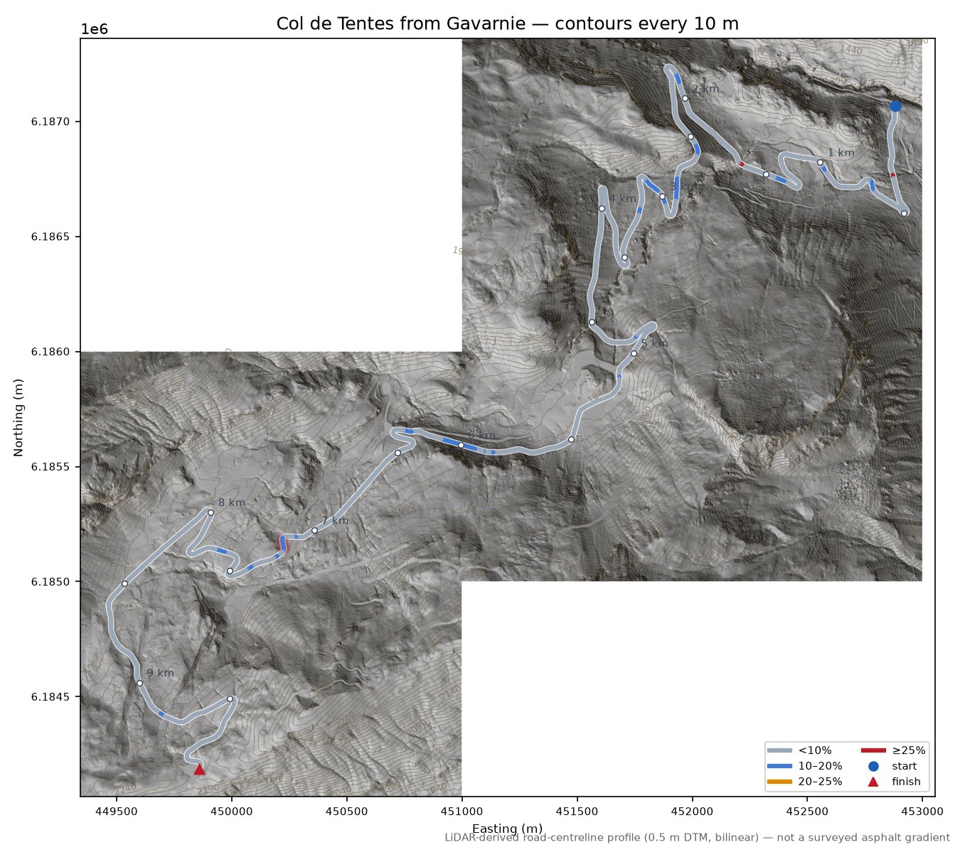 Col de Tentes from Gavarnie LiDAR hillshade map with contours