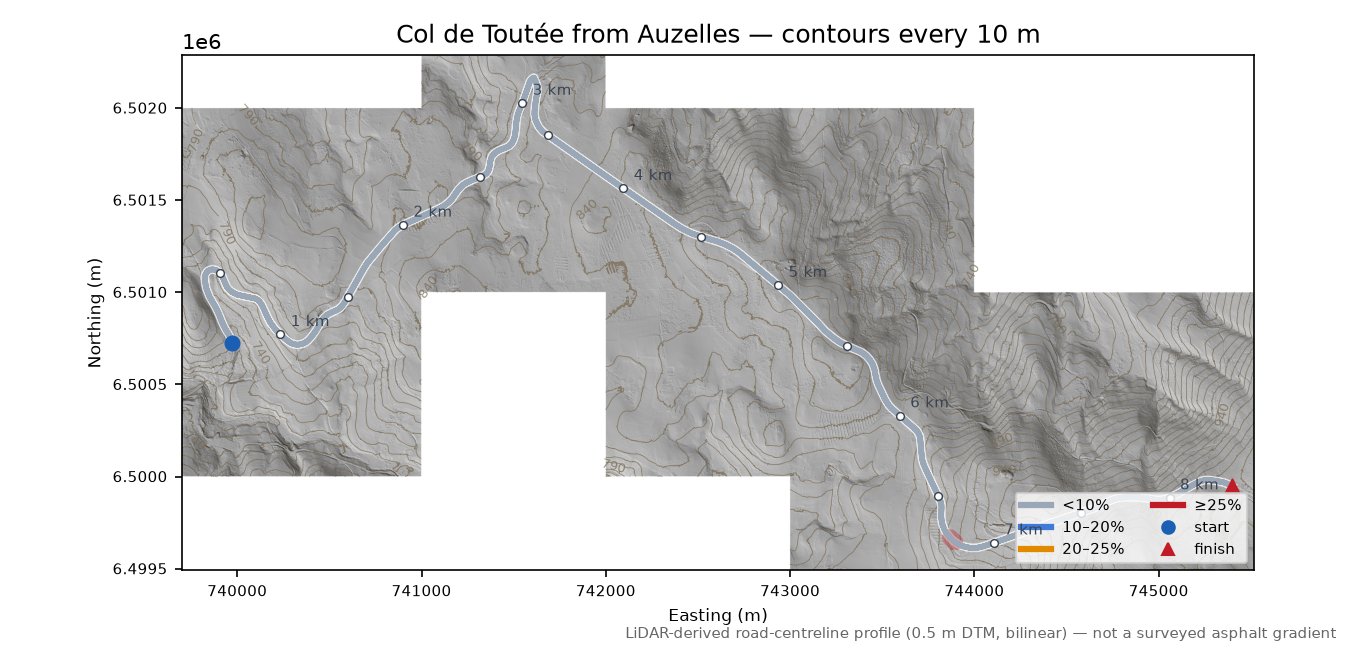Col de Toutée from Auzelles LiDAR hillshade map with contours