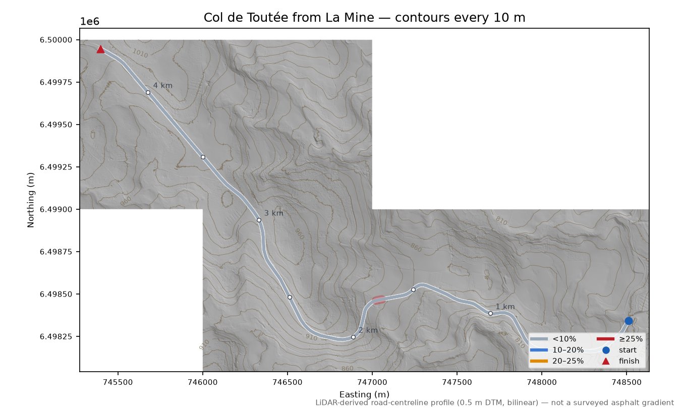 Col de Toutée from La Mine LiDAR hillshade map with contours