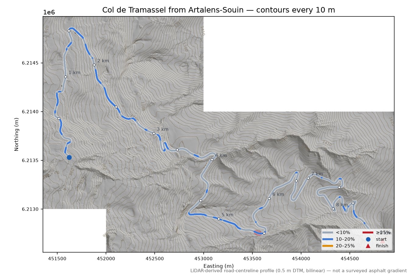 Col de Tramassel from Artalens-Souin LiDAR hillshade map with contours