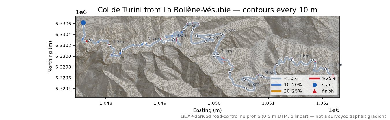 Col de Turini from La Bollène-Vésubie LiDAR hillshade map with contours