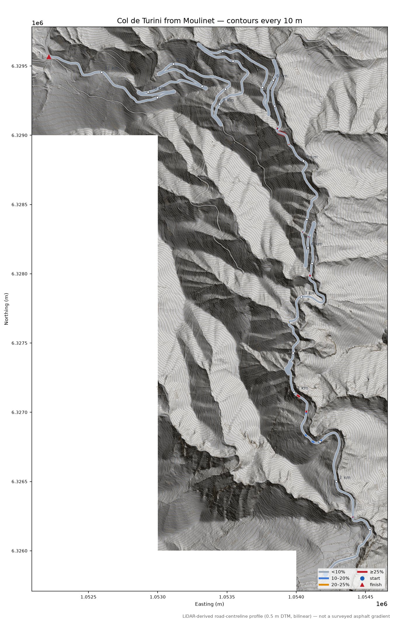 Col de Turini from Moulinet LiDAR hillshade map with contours