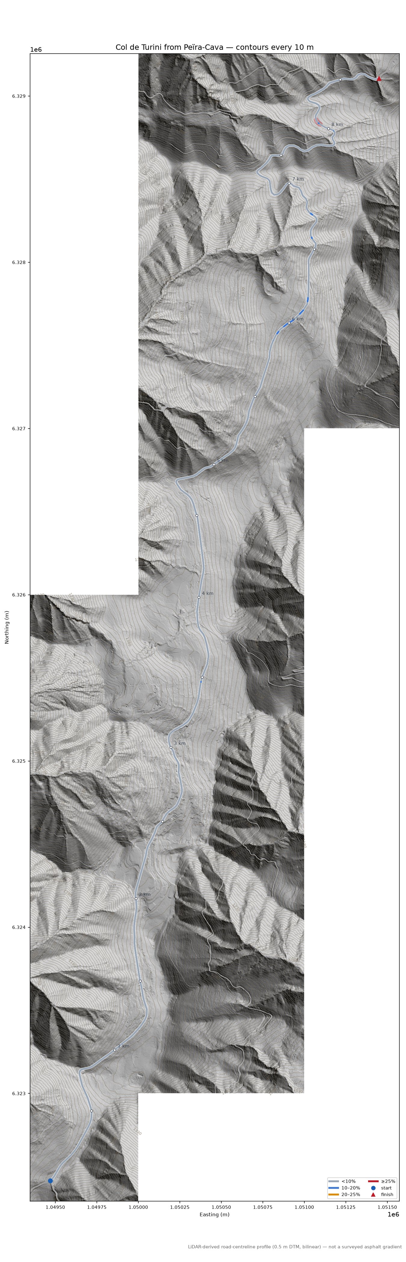 Col de Turini from Peïra-Cava LiDAR hillshade map with contours