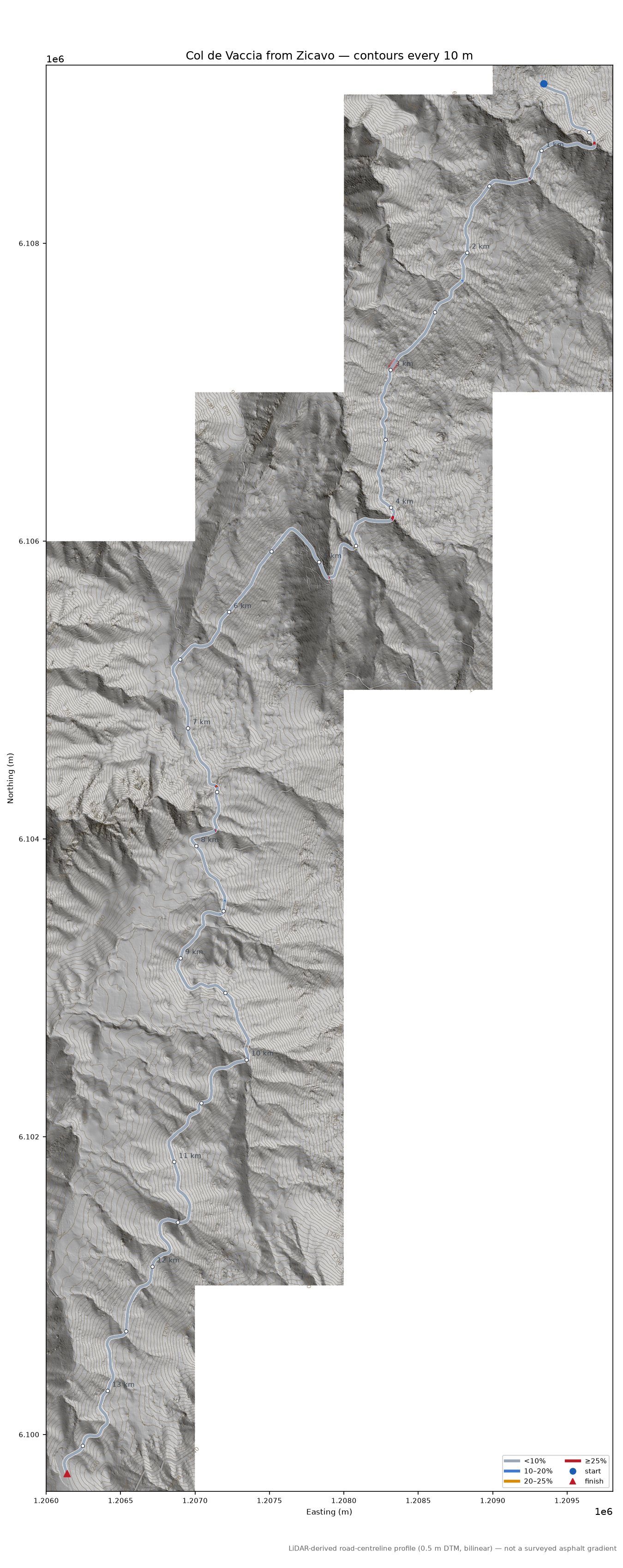 Col de Vaccia from Zicavo LiDAR hillshade map with contours