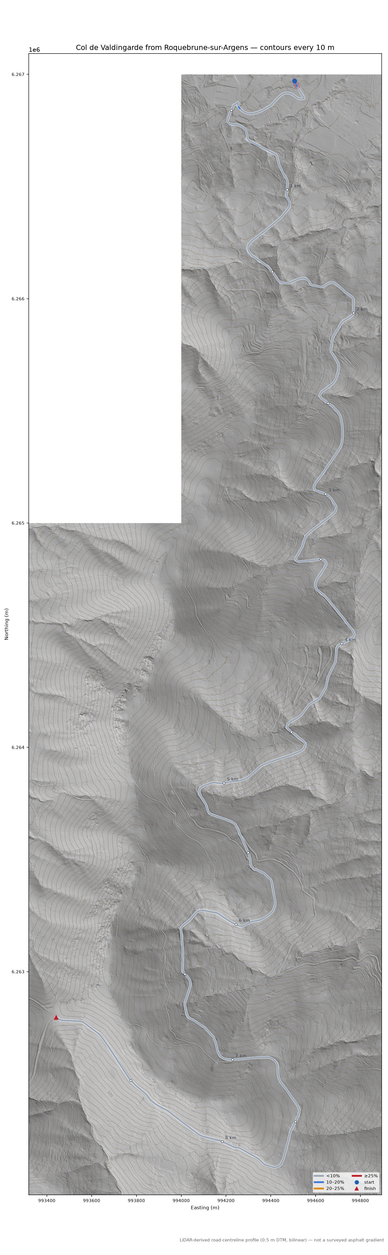 Col de Valdingarde from Roquebrune-sur-Argens LiDAR hillshade map with contours