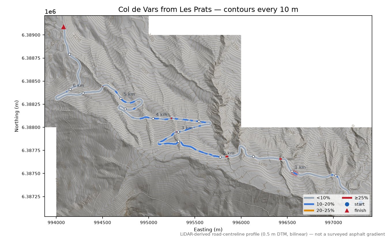 Col de Vars from Les Prats LiDAR hillshade map with contours