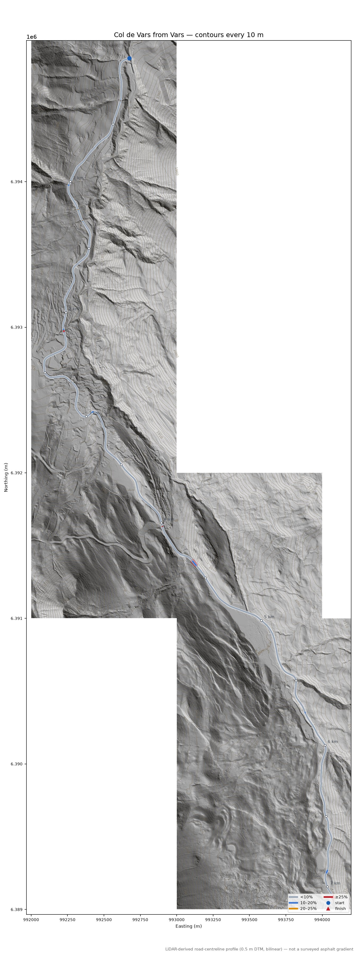 Col de Vars from Vars LiDAR hillshade map with contours
