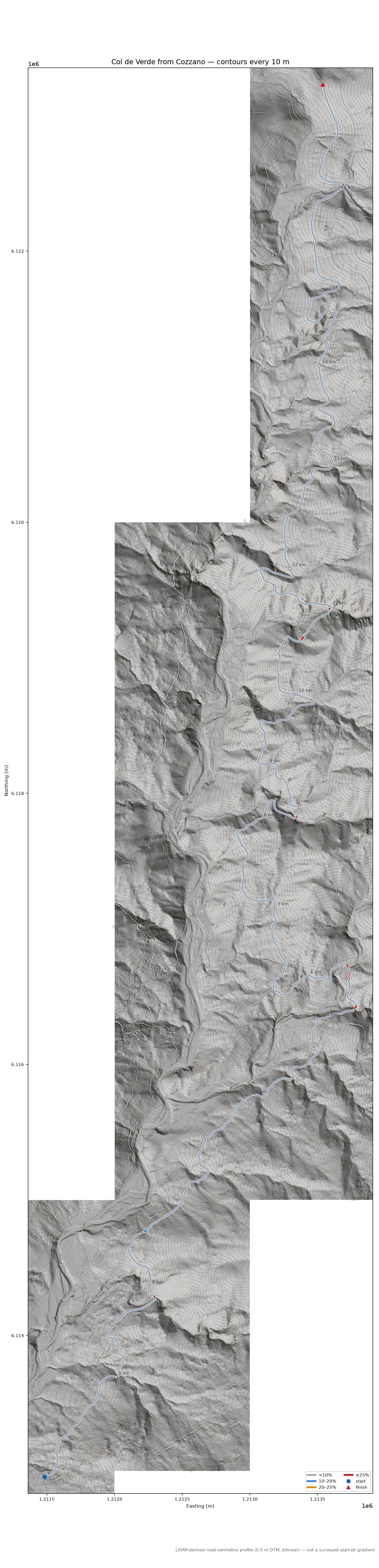 Col de Verde from Cozzano LiDAR hillshade map with contours