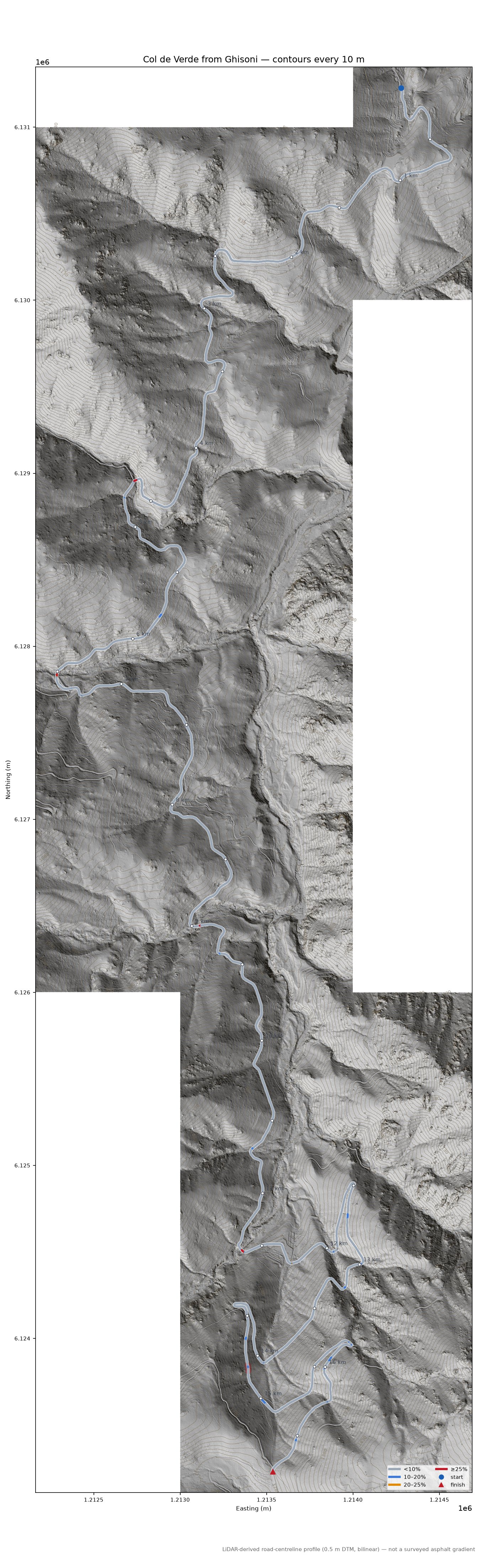 Col de Verde from Ghisoni LiDAR hillshade map with contours