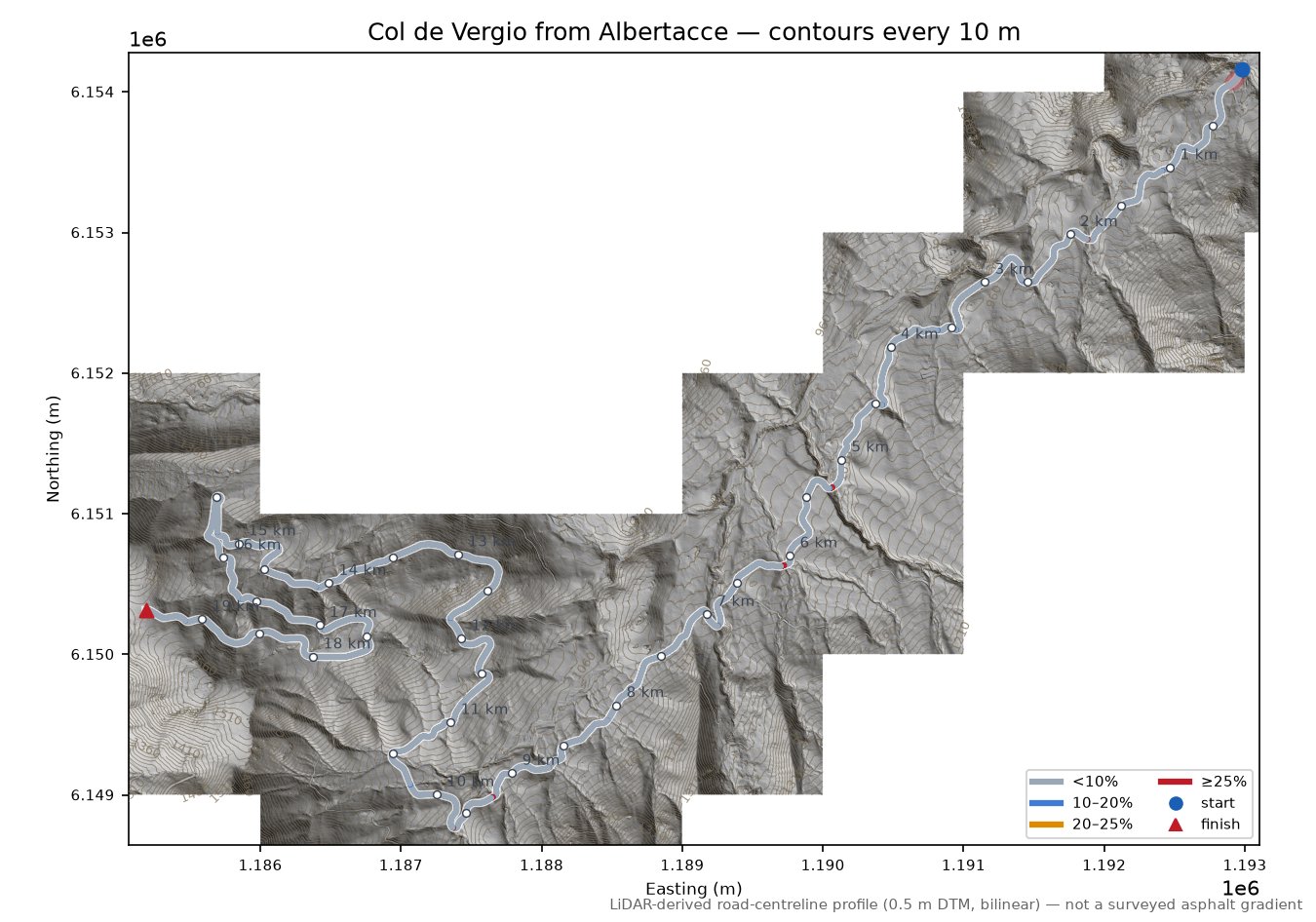 Col de Vergio from Albertacce LiDAR hillshade map with contours