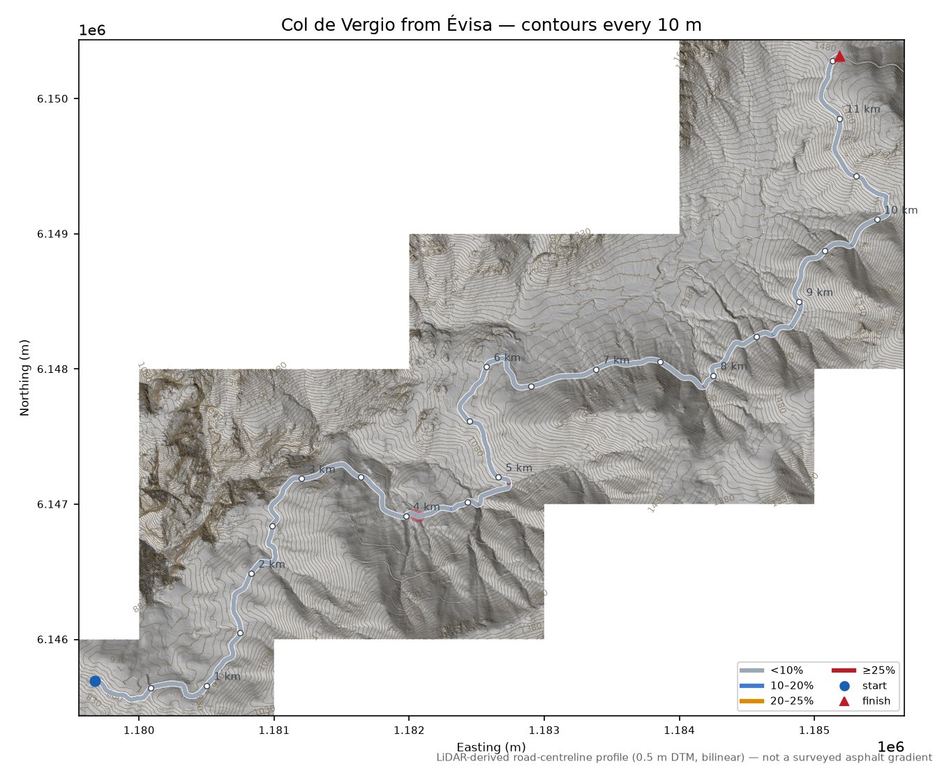 Col de Vergio from Évisa LiDAR hillshade map with contours