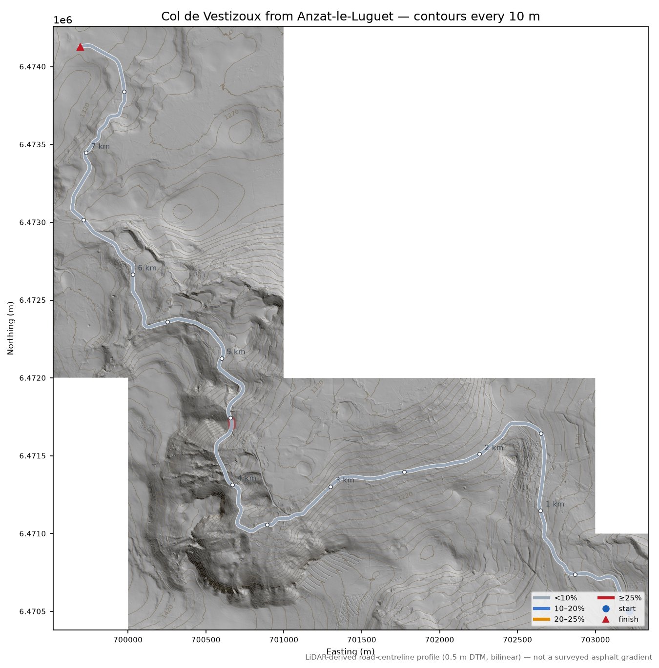 Col de Vestizoux from Anzat-le-Luguet LiDAR hillshade map with contours