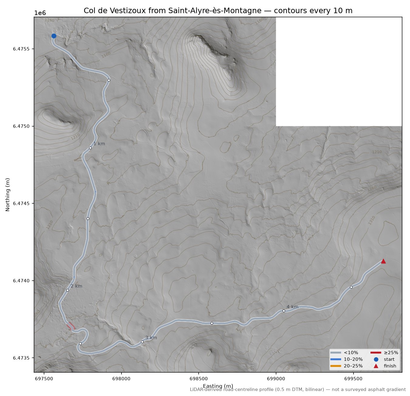 Col de Vestizoux from Saint-Alyre-ès-Montagne LiDAR hillshade map with contours
