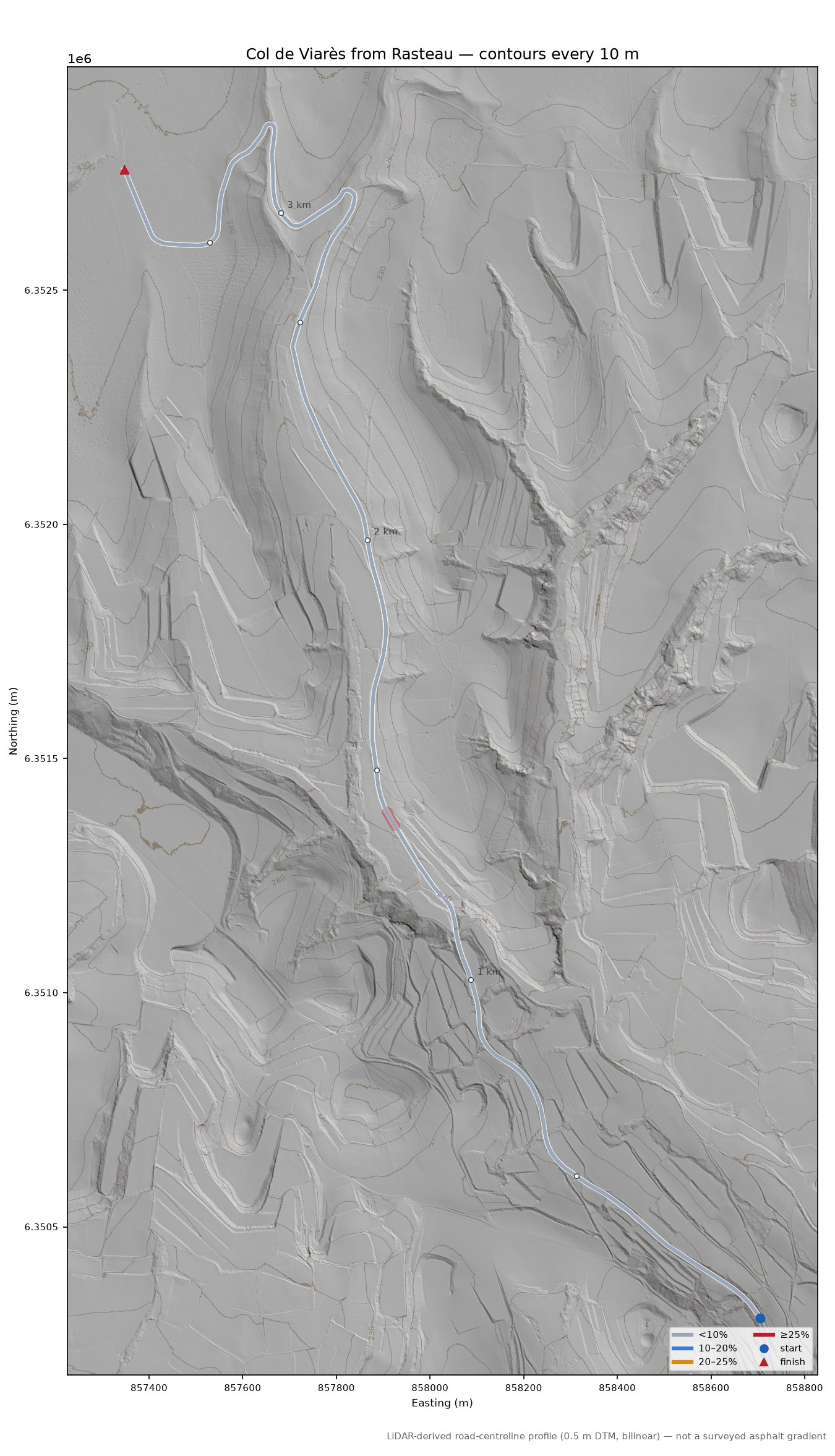 Col de Viarès from Rasteau LiDAR hillshade map with contours