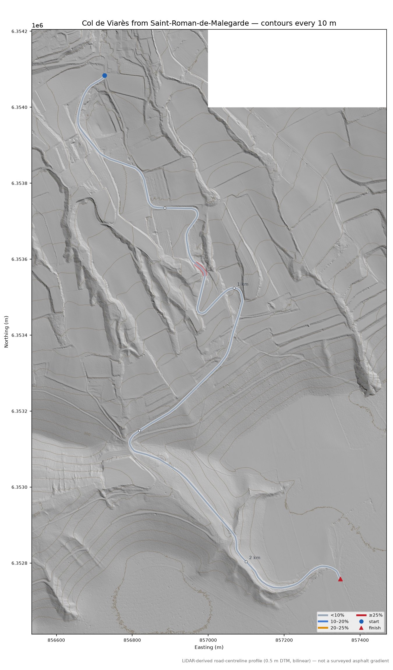 Col de Viarès from Saint-Roman-de-Malegarde LiDAR hillshade map with contours