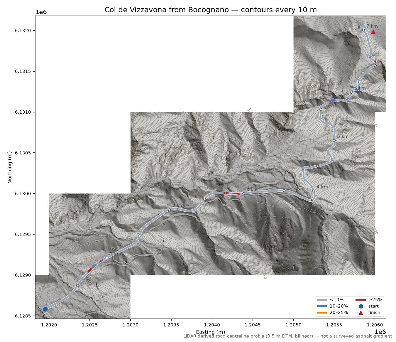 Col de Vizzavona from Bocognano LiDAR hillshade map with contours
