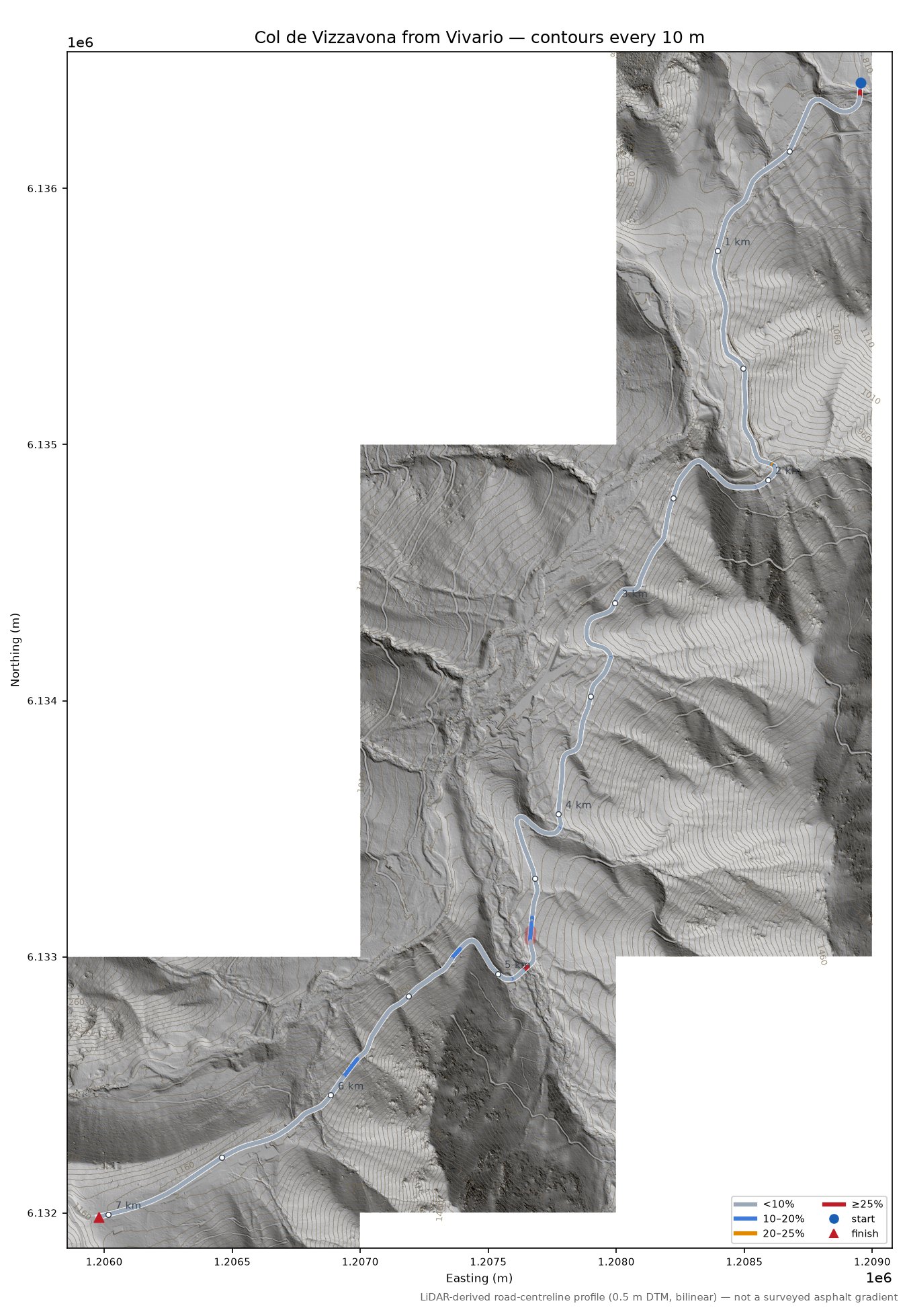 Col de Vizzavona from Vivario LiDAR hillshade map with contours