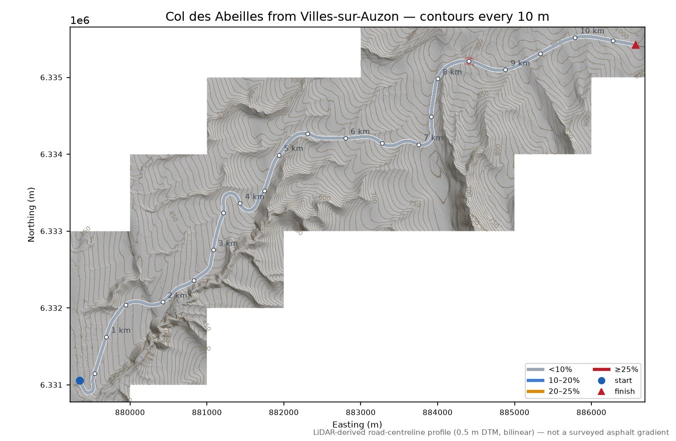 Col des Abeilles from Villes-sur-Auzon LiDAR hillshade map with contours