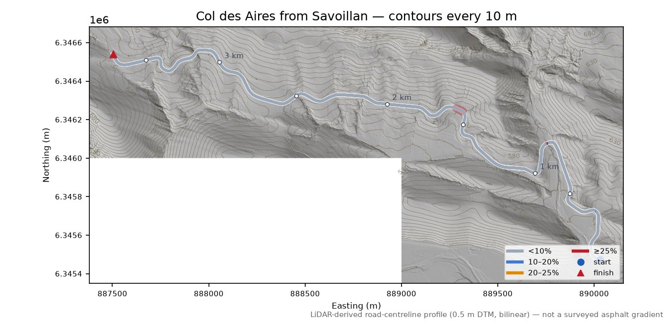 Col des Aires from Savoillan LiDAR hillshade map with contours