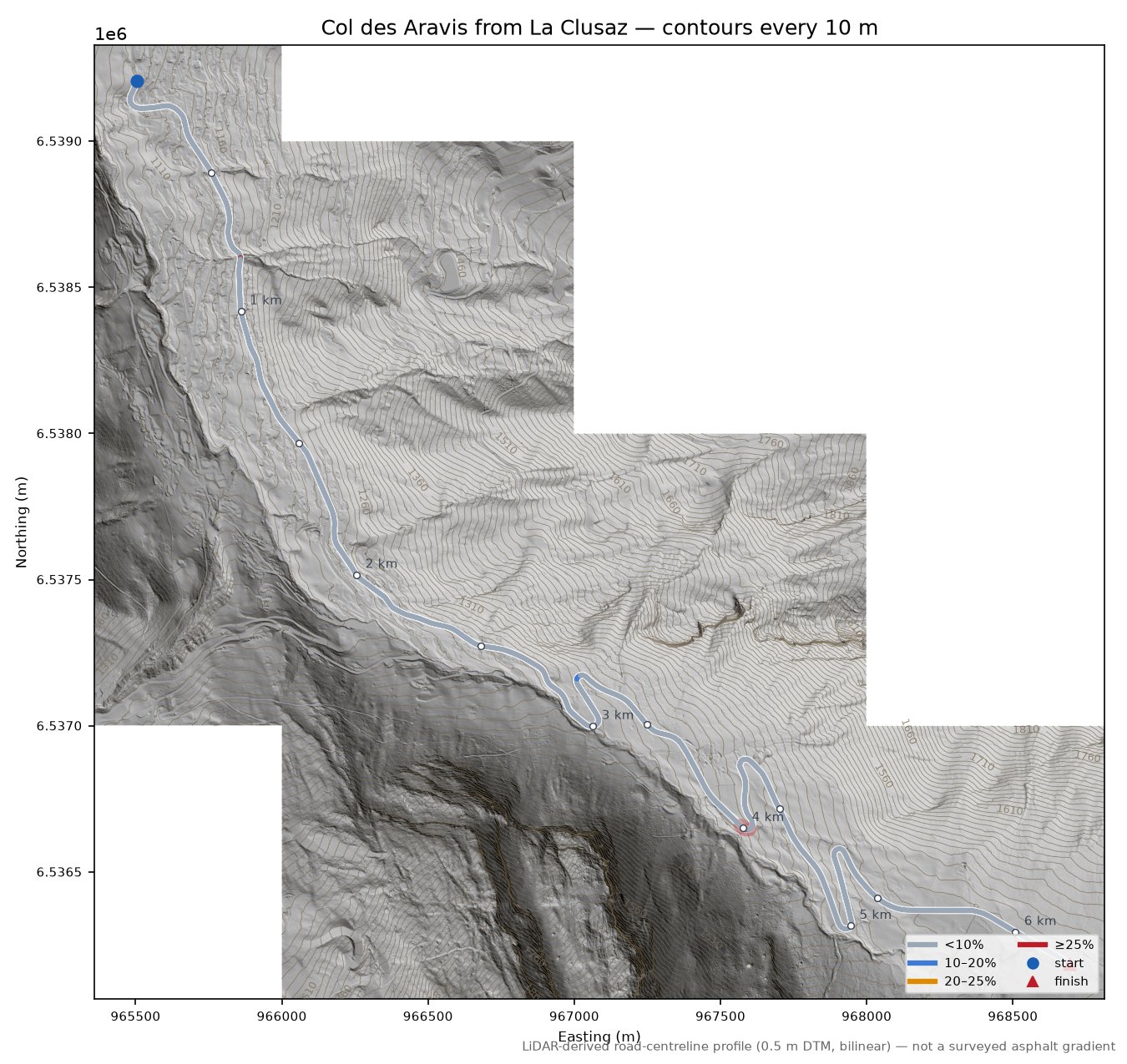 Col des Aravis from La Clusaz LiDAR hillshade map with contours