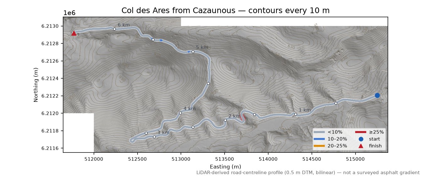 Col des Ares from Cazaunous LiDAR hillshade map with contours