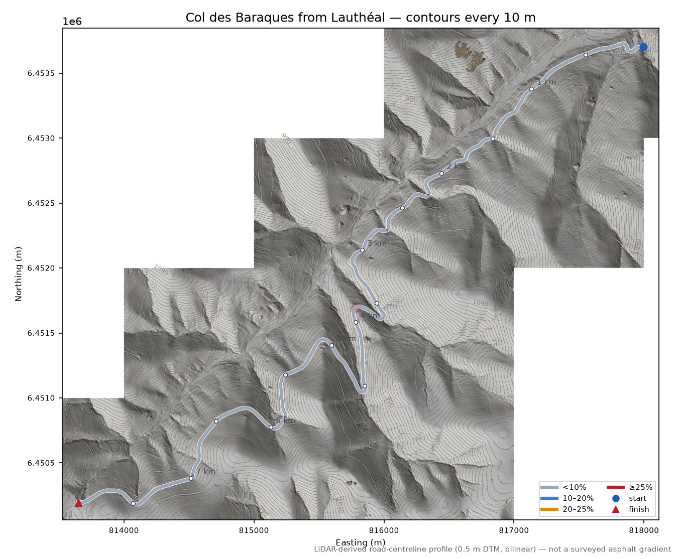 Col des Baraques from Lauthéal LiDAR hillshade map with contours