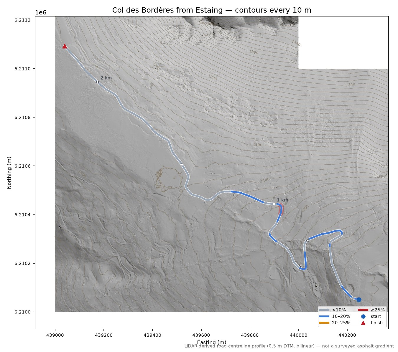 Col des Bordères from Estaing LiDAR hillshade map with contours