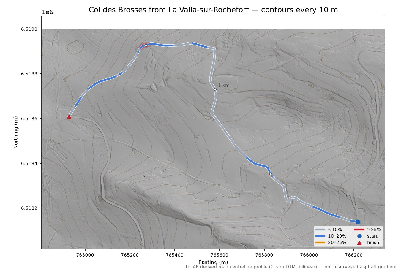 Col des Brosses from La Valla-sur-Rochefort LiDAR hillshade map with contours