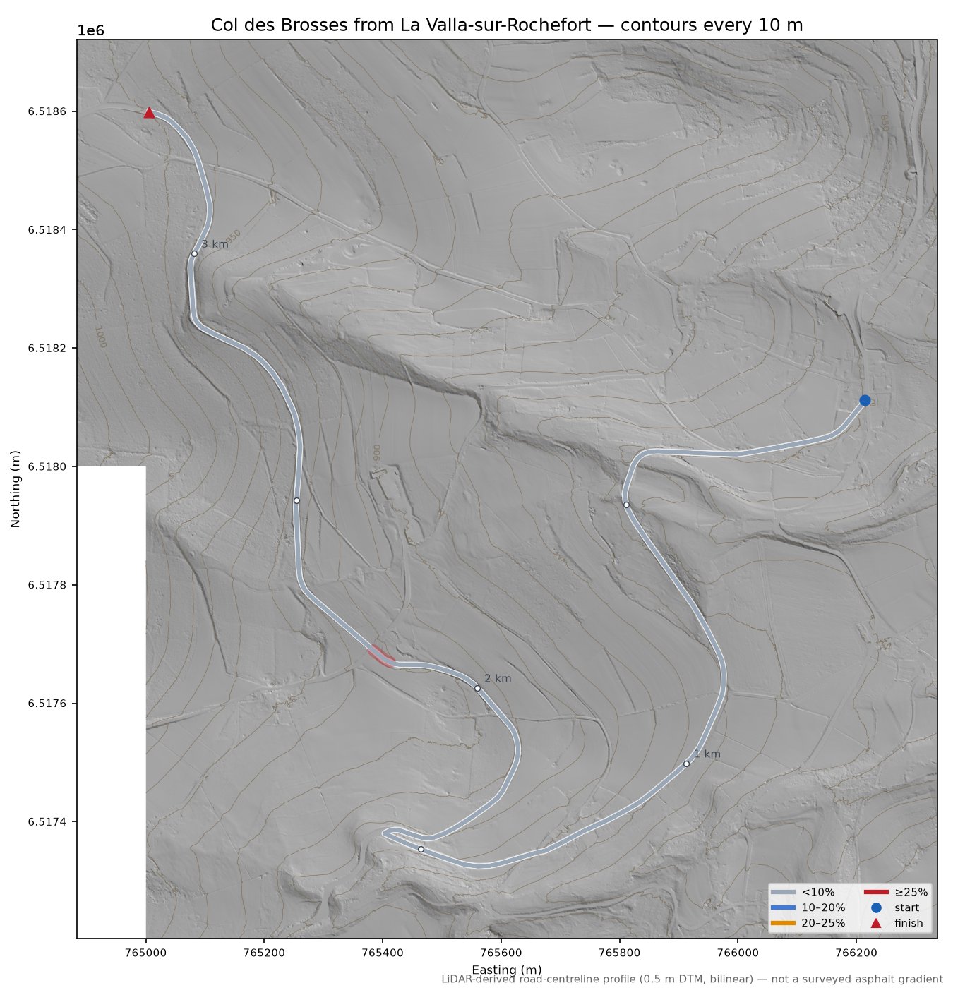 Col des Brosses from La Valla-sur-Rochefort LiDAR hillshade map with contours