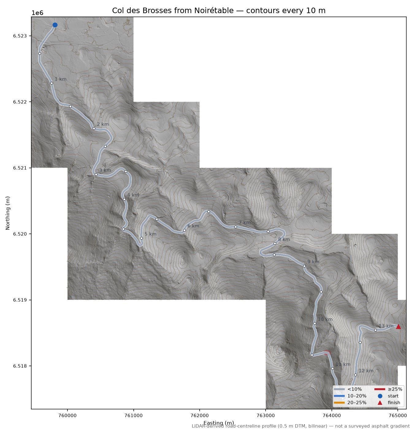Col des Brosses from Noirétable LiDAR hillshade map with contours