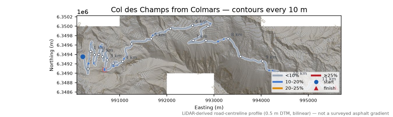 Col des Champs from Colmars LiDAR hillshade map with contours