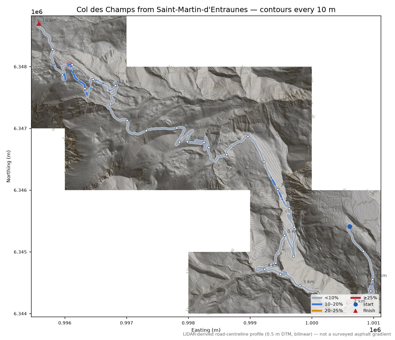 Col des Champs from Saint-Martin-d'Entraunes LiDAR hillshade map with contours